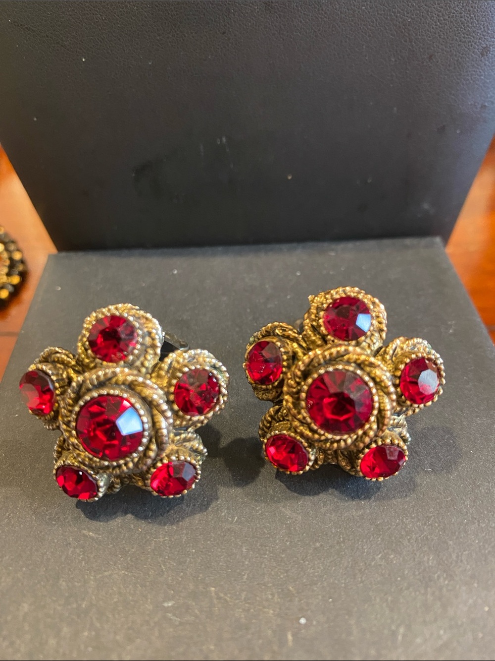 Har  Gold Tone Earrings with Deep Red Crystals